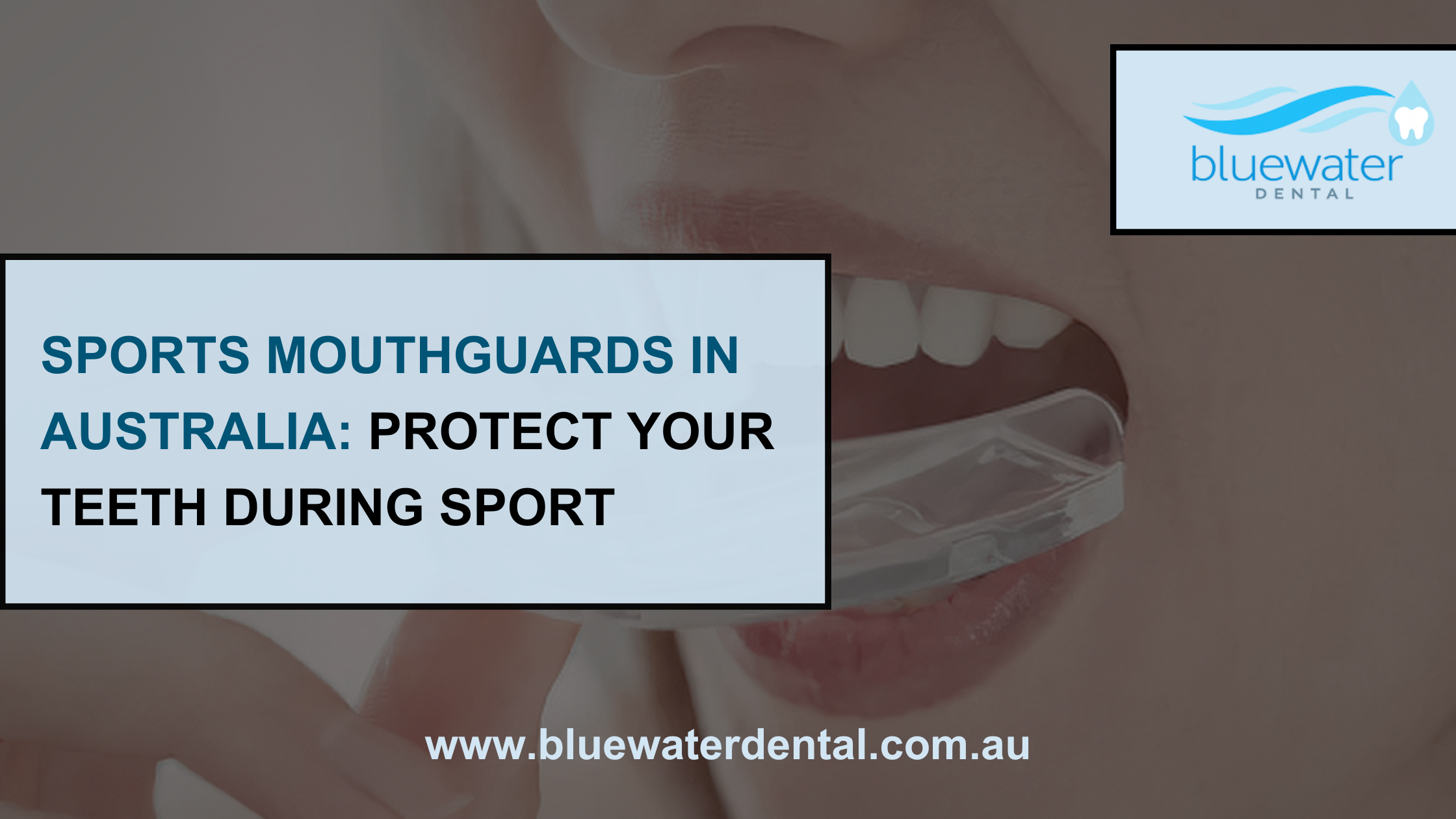 Person inserting a clear sports mouthguard while promoting custom sports mouthguards in Australia for protecting teeth during contact sports by Bluewater Dental.