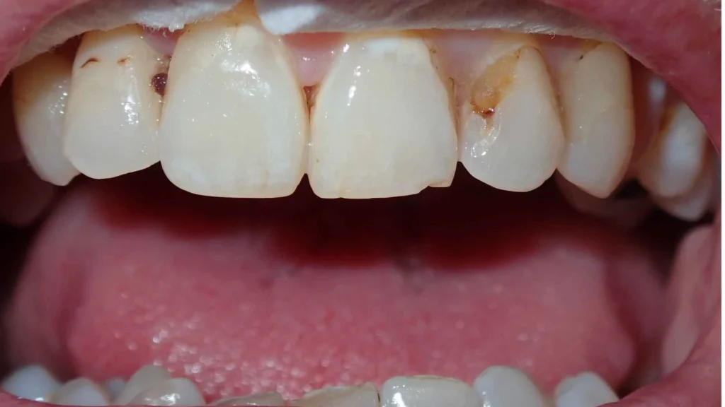 Close-up of a fractured upper front tooth with visible damage, highlighting the need for restorative dental treatment.